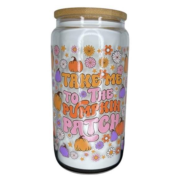 NWOT Pumpkin Patch Colorful Party 16oz Tumbler Bamboo Glass Straw Fall - Picture 2 of 8